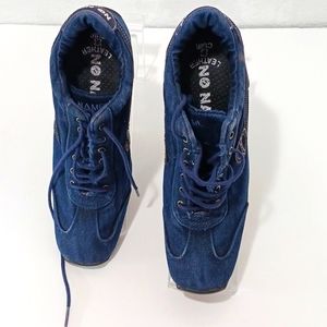 No Name Blue Leather Lace up Platform Square Toe Wedge Boot